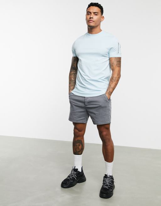 Asos Design Skinny T Shirt With Curved Hem And Ma1 Pocket In Light Blue Asos