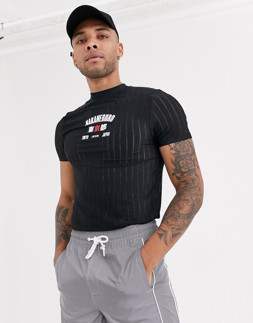 ASOS DESIGN skinny t-shirt with Japanese chest print in mesh stripe-Black