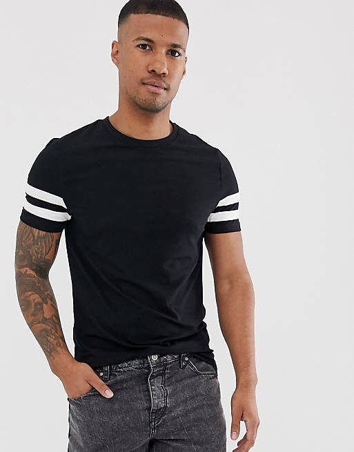 ASOS DESIGN skinny t-shirt with stretch and white contrast sleeve stripe in black