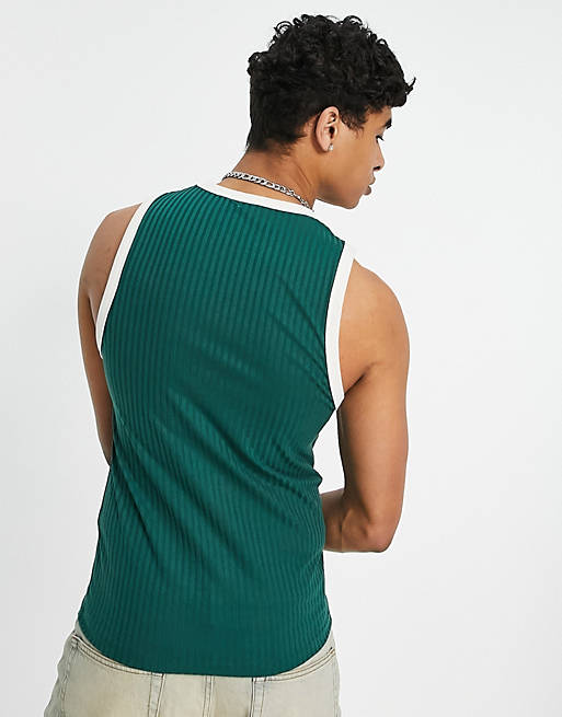 dark after school shave ASOS DESIGN skinny tank top in green with sports stripe | ASOS