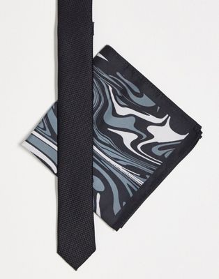 ASOS DESIGN skinny tie and pocket sqaure in black and grey swirl - ASOS Price Checker