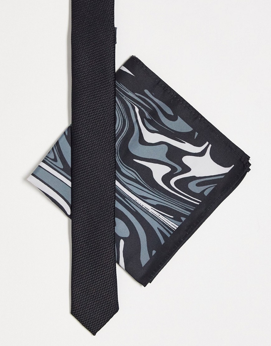 ASOS DESIGN skinny tie and pocket sqaure in black and grey swirl
