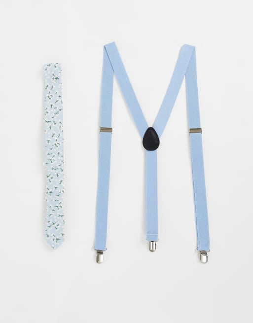 ASOS DESIGN skinny tie in baby blue floral with suspenders