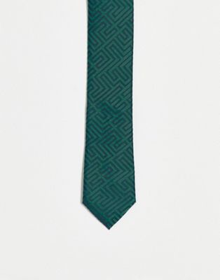 ASOS DESIGN skinny tie in green and navy geo design