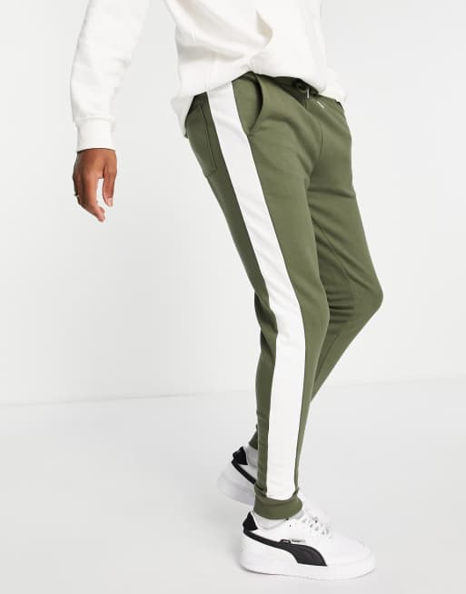 ASOS DESIGN skinny trackies with side stripe in khaki