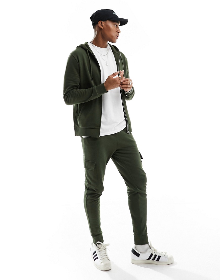 ASOS DESIGN skinny tracksuit with hoodie and skinny cargo jogger in khaki green