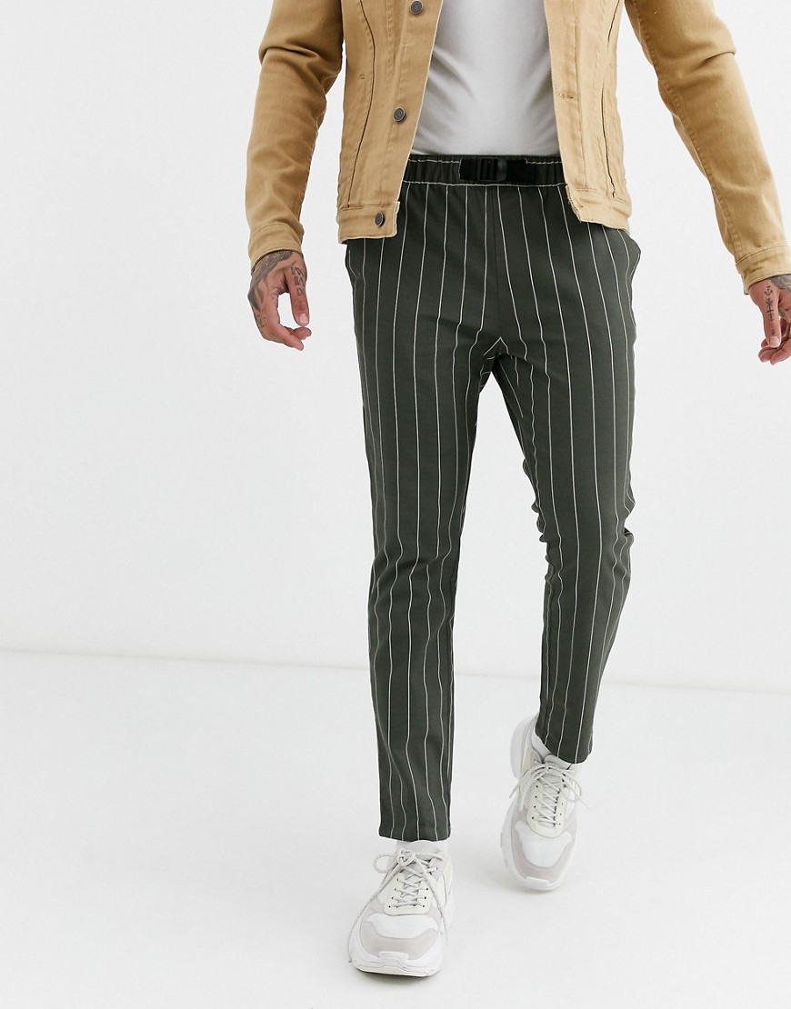 ASOS DESIGN skinny trousers in khaki pin stripe with webbed belt-Green