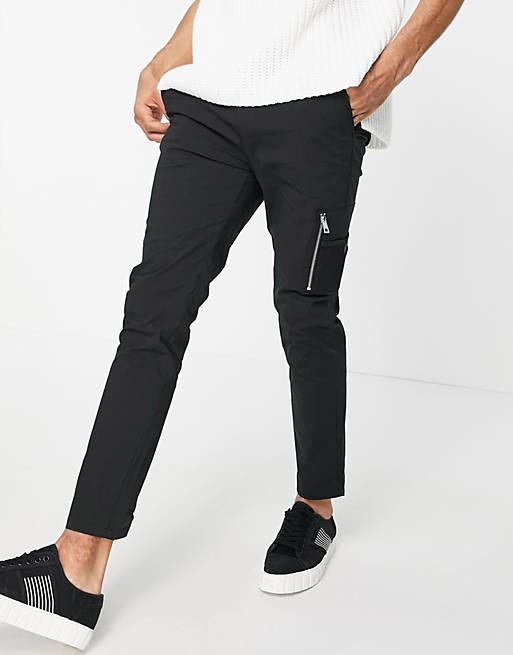 Men skinny trousers with elastic waist and MA1 pocket in black nylon 