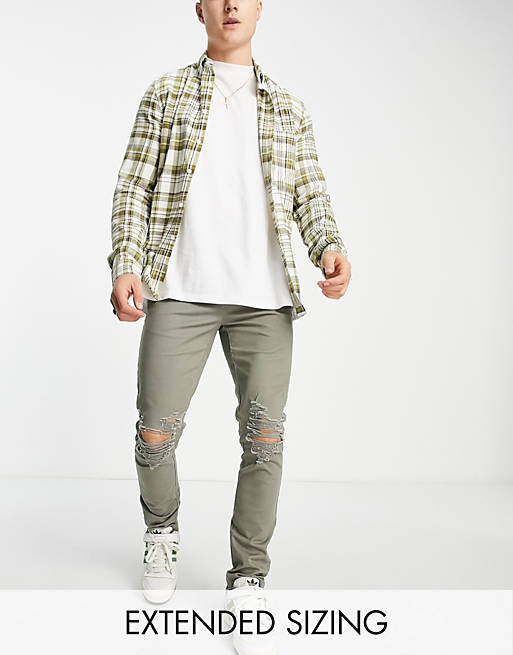 Men skinny trousers with rips in khaki 