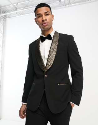 Asos Design Skinny Tuxedo Blazer In Black With Gold Leopard Lapel