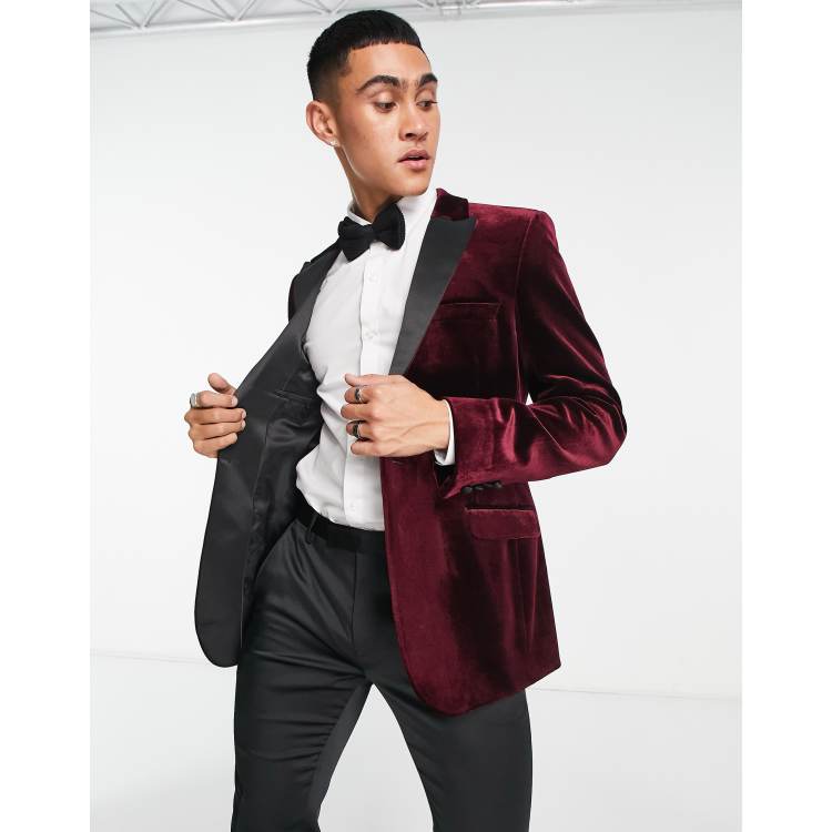 ASOS DESIGN skinny tuxedo blazer in velvet in wine