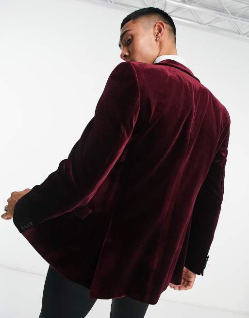 ASOS DESIGN skinny velvet smoking jacket in burgundy