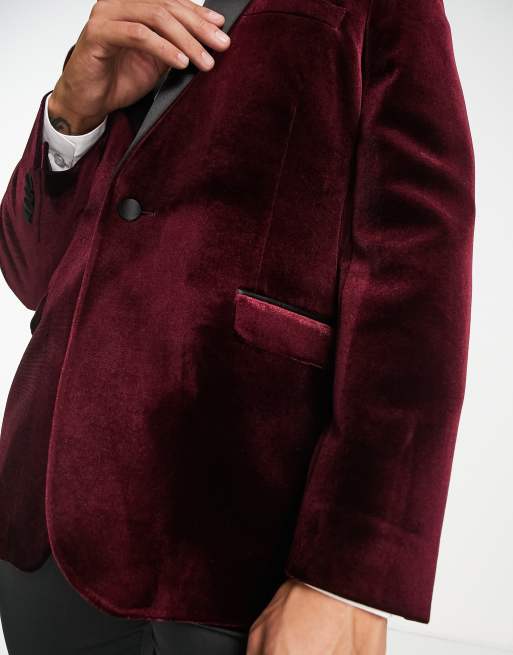 ASOS DESIGN skinny velvet smoking jacket in burgundy