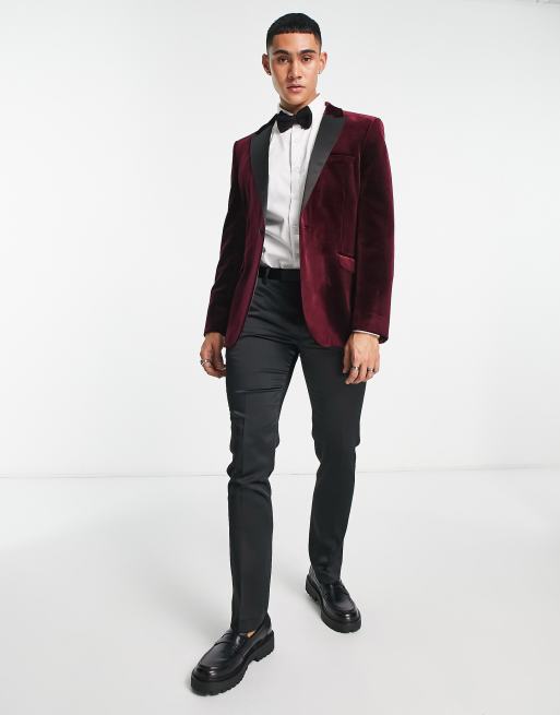 ASOS DESIGN skinny tuxedo blazer in velvet in wine