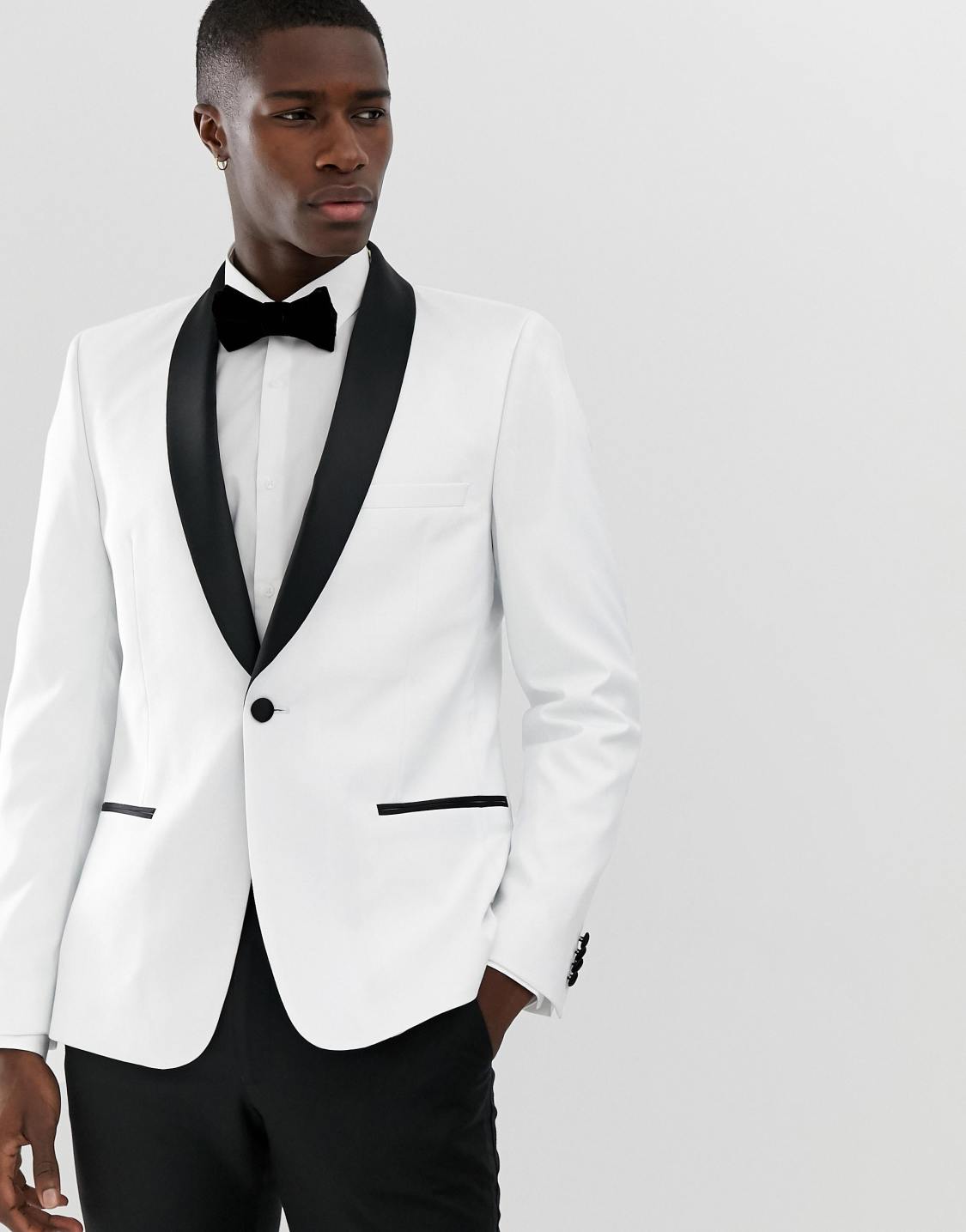 Tuxedo перевод. Пиджак ASOS Design skinny Blazer белый с чёрным. Смокинг белый Асос. ASOS Design skinny Blazer пиджак. ASOS Design пиджак белый мужской.