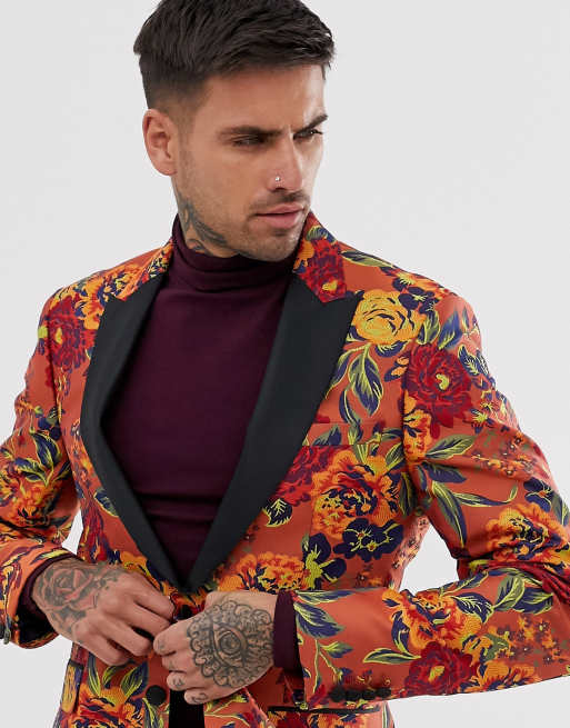 Mens One Button Floral Jacquard Weave Casual Blazers Short Jacket Coats  Slim Fit