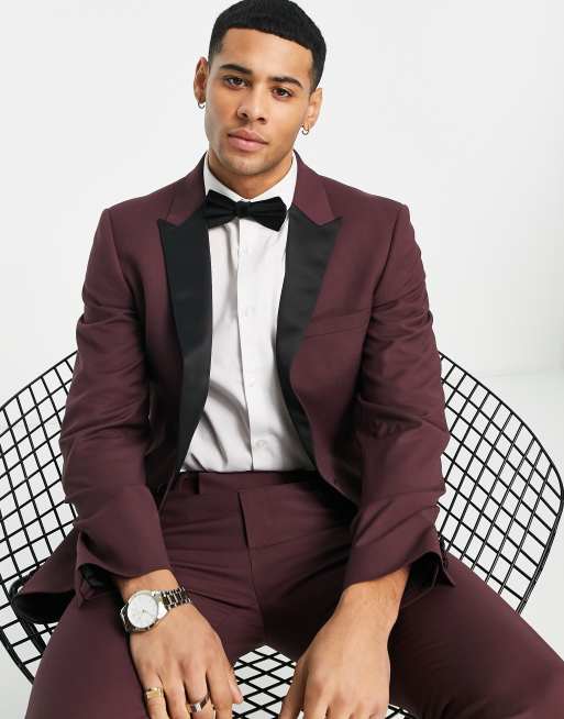 ASOS DESIGN skinny tuxedo jacket in burgundy with black lapel | ASOS