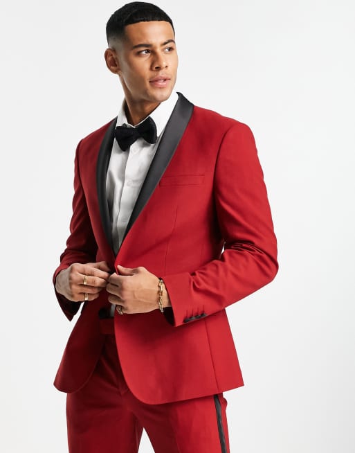 ASOS DESIGN skinny tuxedo jacket in red with black lapel | ASOS