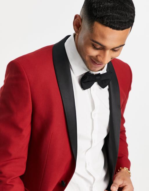 ASOS Super Skinny Tuxedo Suit Jacket In Dark Red