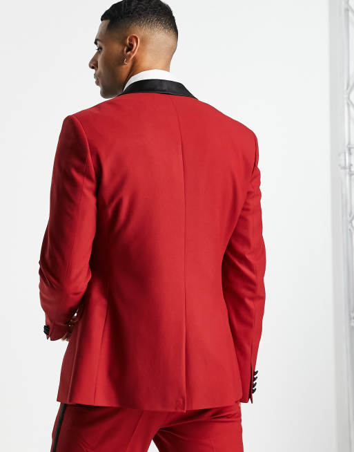 ASOS DESIGN skinny tuxedo jacket in red with black lapel