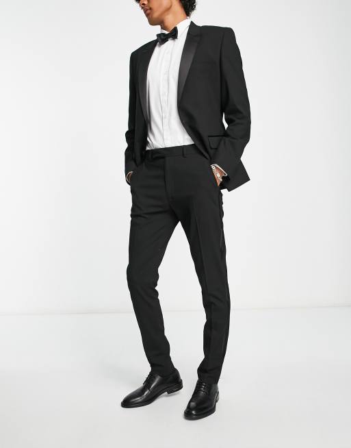 Men's Black, Flat Front, Comfort-Waist Tuxedo Pants with Satin