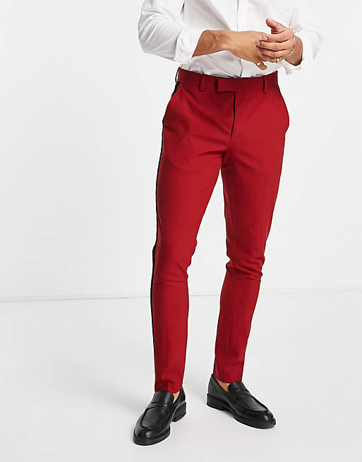 ASOS DESIGN skinny tuxedo pants in burgundy with satin side stripe