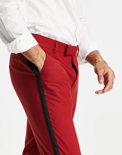 ASOS DESIGN skinny tuxedo pants in burgundy with satin side stripe