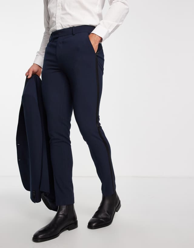 ASOS DESIGN skinny tuxedo pants in navy with satin side stripe