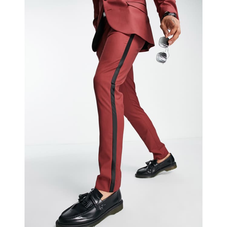 ASOS DESIGN skinny tuxedo pants with satin side stripe in red