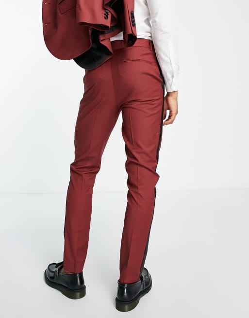 ASOS DESIGN skinny tuxedo pants with satin side stripe in red