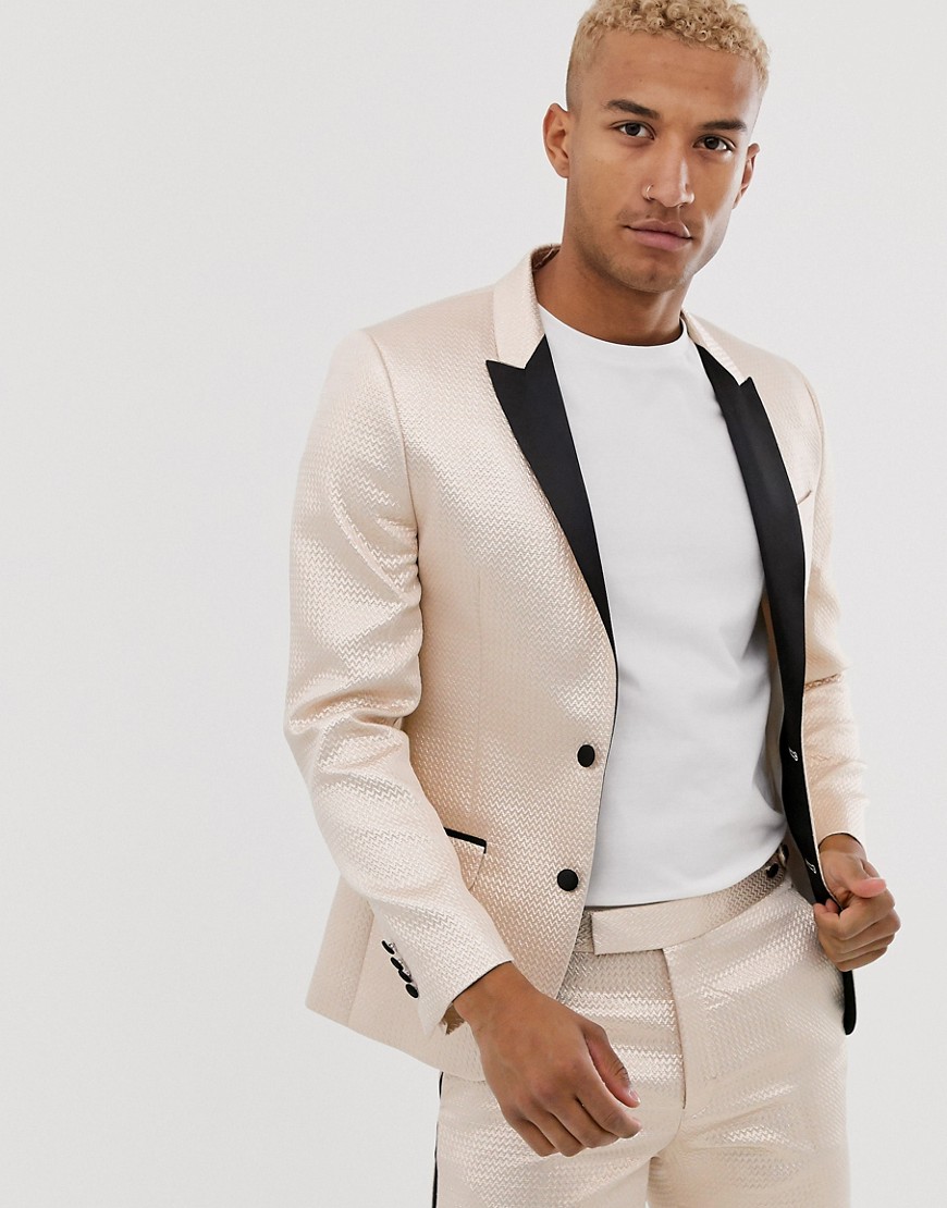 ASOS DESIGN skinny tuxedo prom suit jacket in champagne jacquard-Cream