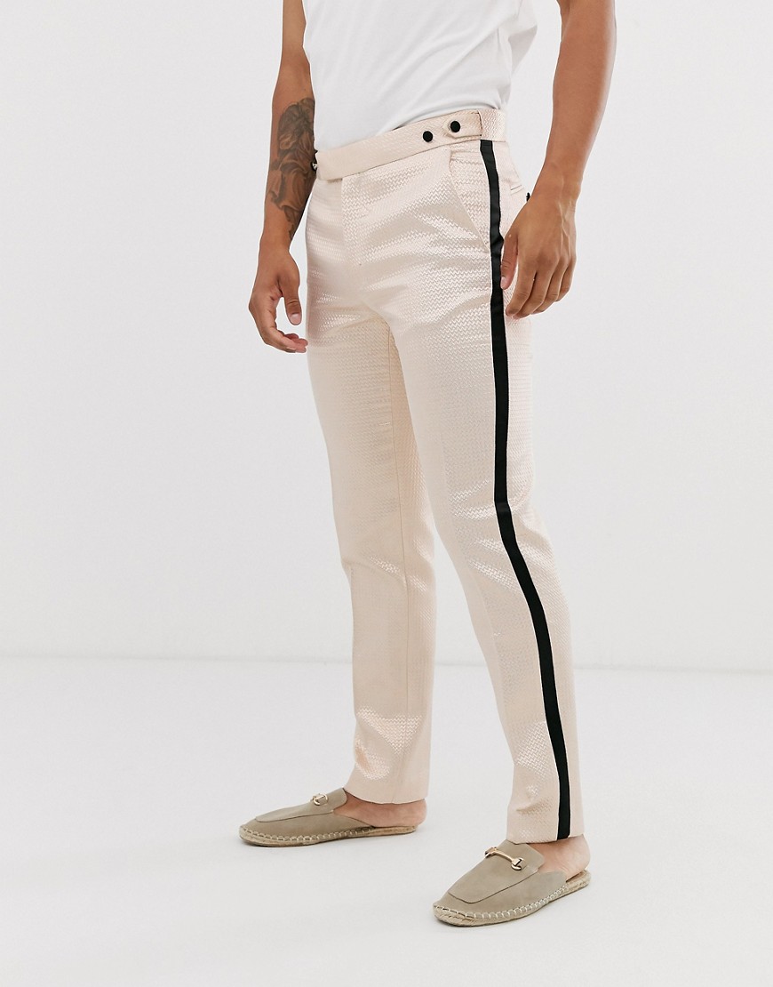 ASOS DESIGN skinny tuxedo prom suit trousers in black with champagne side stripe-Cream