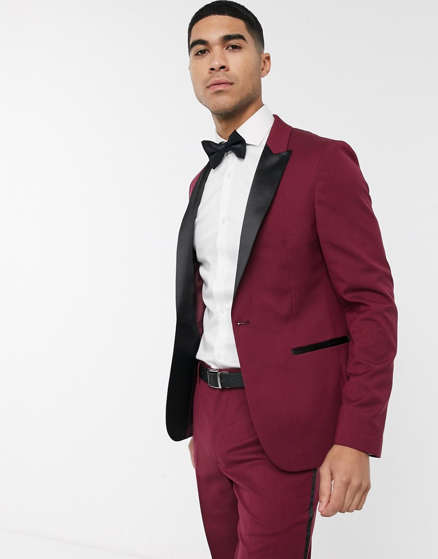 ASOS DESIGN skinny tuxedo suit jacket in burgundy-Red