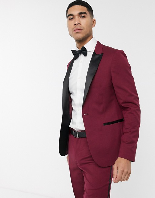ASOS DESIGN skinny tuxedo suit jacket in burgundy