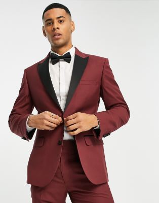 ASOS DESIGN skinny tuxedo suit jacket in burgundy