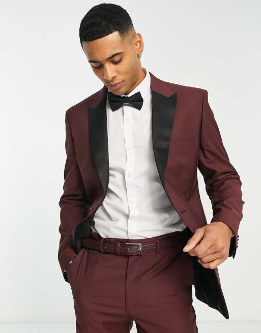 ASOS DESIGN skinny velvet smoking jacket in burgundy