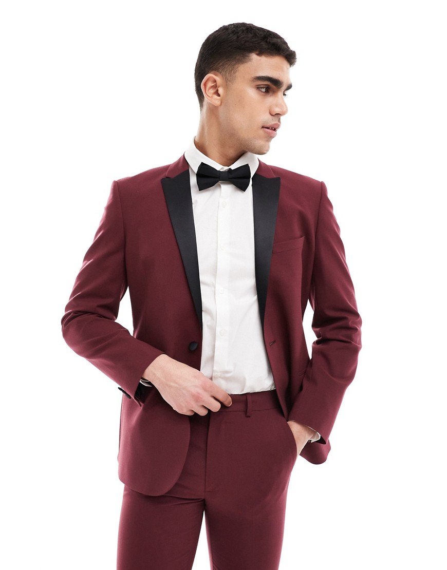 skinny tuxedo suit jacket in burgundy-Red