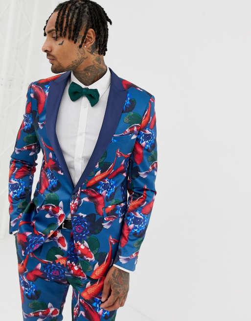 ASOS DESIGN skinny tuxedo suit jacket in fish print | ASOS