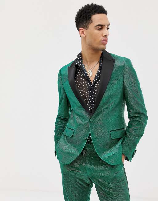 ASOS DESIGN skinny tuxedo suit jacket in green glitter | ASOS