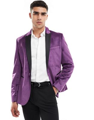 Asos Design Skinny Velvet Tuxedo Suit Jacket In Purple