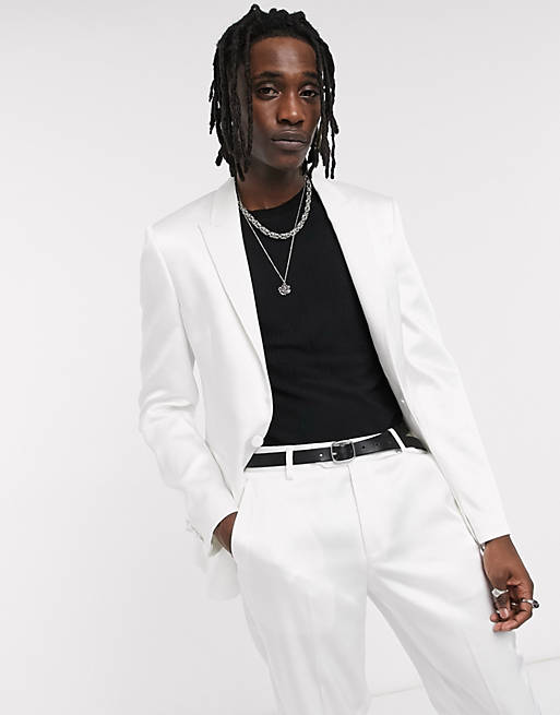 ASOS DESIGN skinny tuxedo suit jacket in white with high shine panels ...