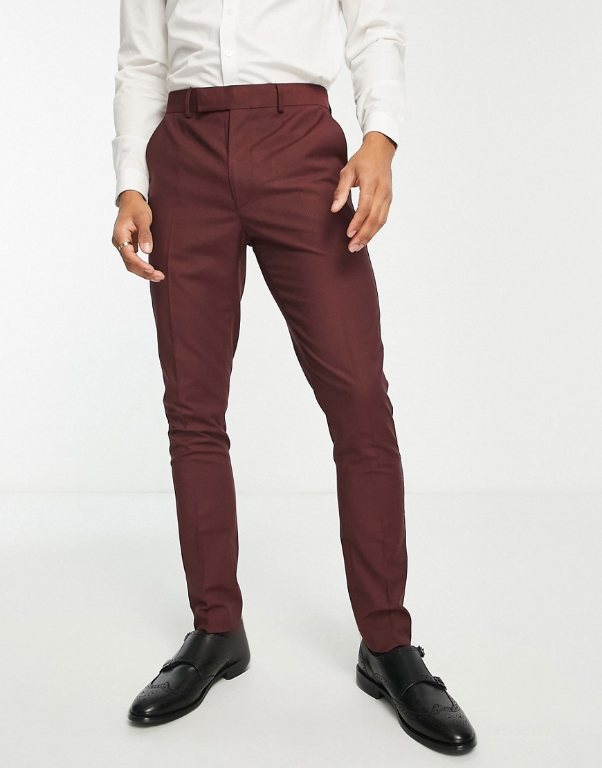 Asos Design Skinny Soft Tailored Smart Pant In Burgundy Jersey With Cuff In Red