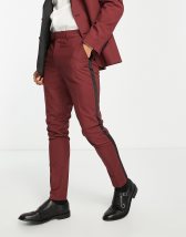 ASOS DESIGN skinny tuxedo pants in burgundy satin side stripe