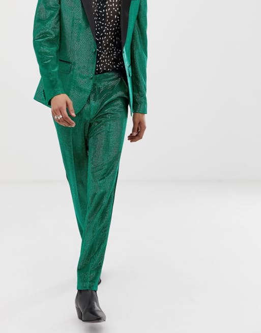 ASOS DESIGN skinny tuxedo suit pants in green glitter ASOS