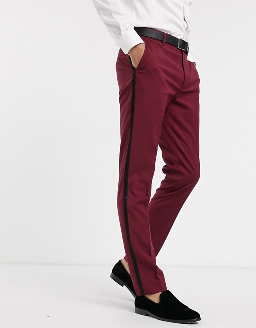ASOS DESIGN skinny tuxedo suit trousers in burgundy