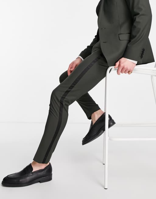 ASOS DESIGN skinny tuxedo trousers in forest green satin side stripe