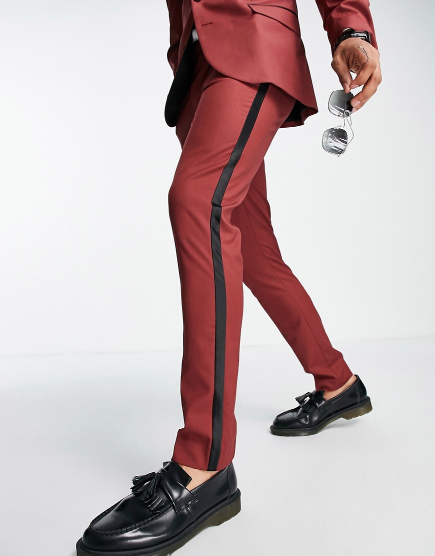 ASOS DESIGN skinny tuxedo trousers with satin side stripe in red