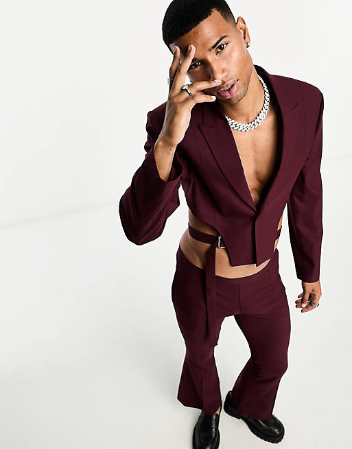 ASOS DESIGN skinny v-hem supercrop belted suit jacket in burgundy | ASOS