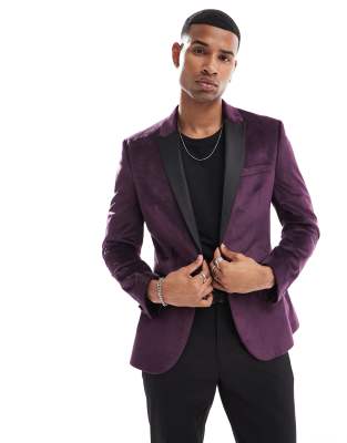 Asos Design Skinny Velvet Blazer In Plum-purple