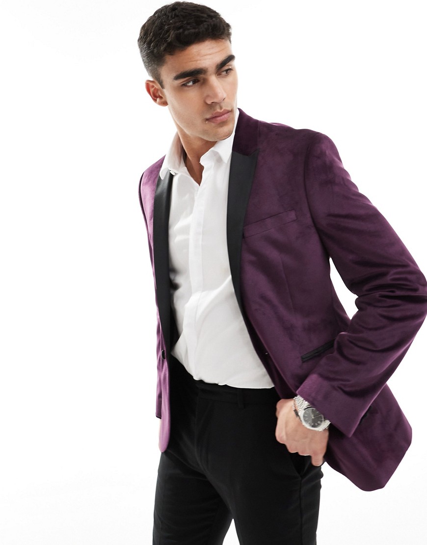 Asos Design Skinny Velvet Blazer In Plum-purple